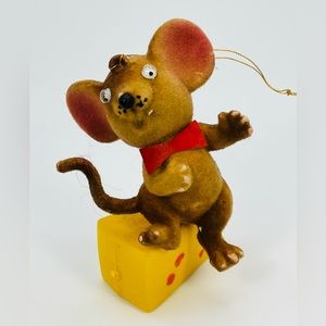 VTG Mouse On Cheese Flocked Ornament Blow Mold Hong Kong Googly Eyes